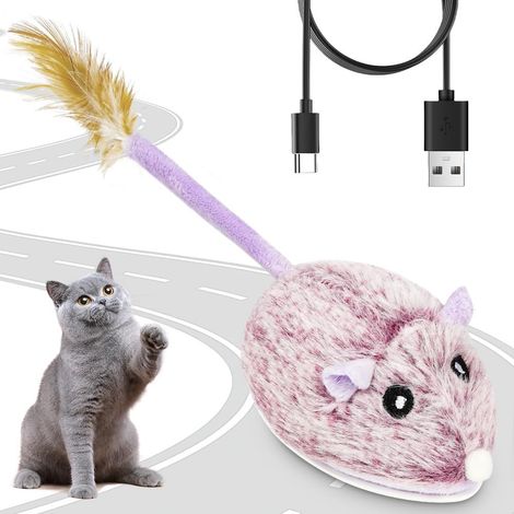Souri Interactive pour Chats Jouet, Souris Électrique avec à détection Intelligente Mobile Automatique pour Chat Rechargeable par USB avec Queue de Plume Sons Réalistes, Violet (1/5)