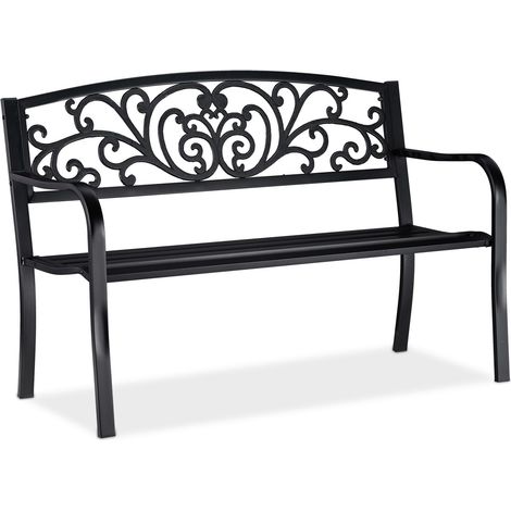 Relaxdays Gartenbank, bequemer 2-Sitzer, mit Vintage-Ornamenten, für Terrasse, Balkon, HxBxT 86,5 x 127 x 60 cm, schwarz