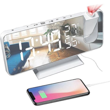 Réveil à projection, réveil numérique LED, alimentation pour table de chevet, double réveil, miroir avec fonction snooze. (1/5)