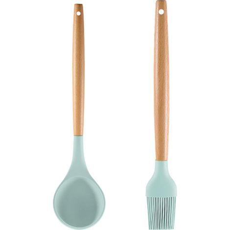 Ensemble Ustensiles Cuisine Silicone - Manche Bois Naturel - Résistant Chaleur 250°C - Pour Poêles Antiadhésives - Lot De 2 Pièces (1/5)
