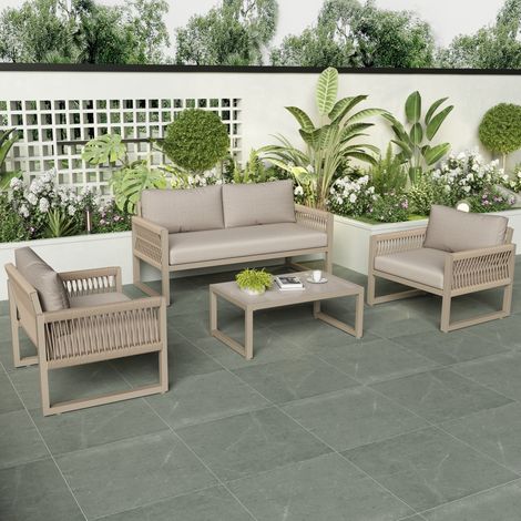 Set tavolo e sedie da giardino (1 divano + 2 poltrone) 4 posti, tutti i cuscini inclusi, adatto per giardino/balcone, metallo, cachi, 1 tavolini rettangolare (1/5)