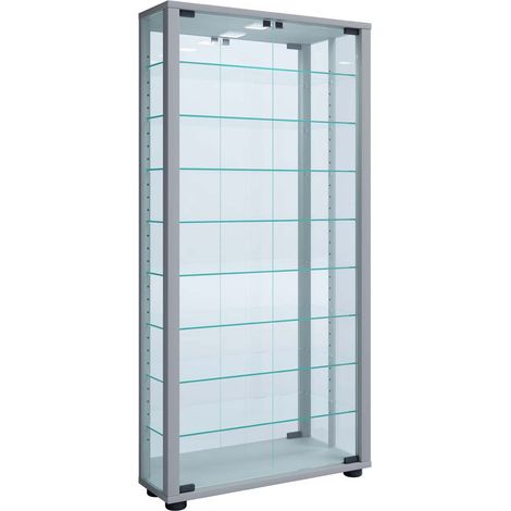 LumoMaxi Vitrinenschrank mit Spiegel 2 Glastüren Inkl. LED-Leuchten silberfarben.