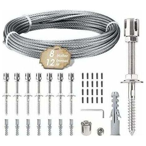 Kletterpflanzenstütze, 12 m Edelstahlseil-Aufhängeset mit 3 mm Edelstahlseil und 8 Spannern für Garten/Betonwand/Zaunseil/Massivholz ( (1/5)