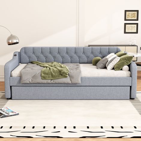 Canapé convertible 90x200cm, lit d'appoint avec tiroir coulissant, port USB, gris, sofa de jour 3-en-1 (1/5)
