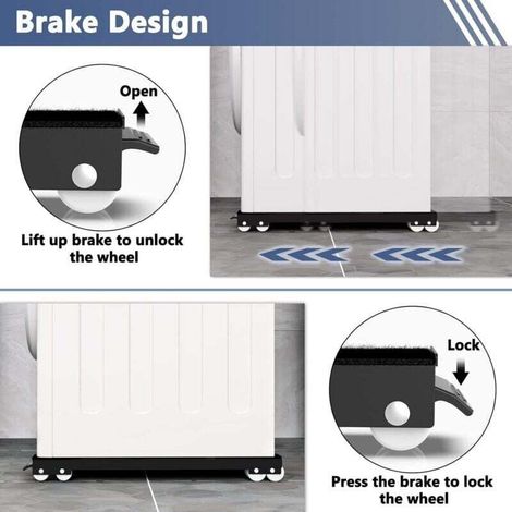 Base de machine à laver avec frein, base mobile réglable pour lave-linge, sèche-linge, réfrigérateur, charge 300 kg, noir