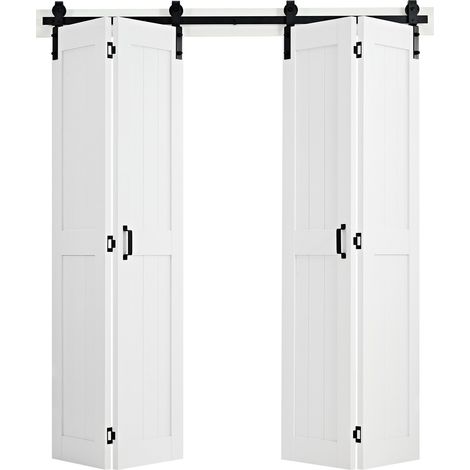 Porte de grange pliante, 1829 x 2134 mm, portes de placard coulissantes MDF à 2 vantaux, kit de quincaillerie inclus, structure en H gain de place, panneaux pré-assemblés pour chambre, salon et sépara (1/5)