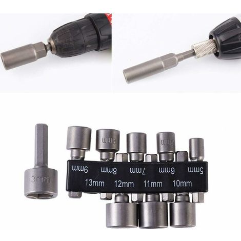Porte-embout de visseuse Lot de 9 forets à douille impériale de 5 à 13 mm avec écrou à percussion pour perceuse à queue hexagonale 1/4"