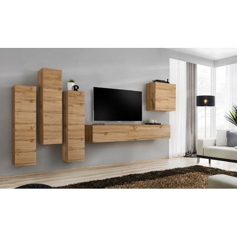 Ensemble mural - Switch III - 3 vitrines verticales - 1 banc TV - 1 vitrine carrée - Bois - Livraison gratuite