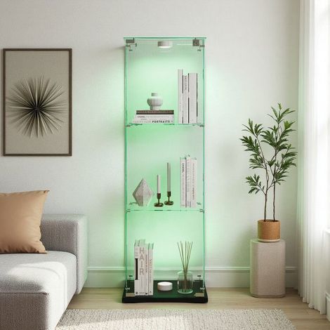 Vitrine aus schwarzem Glas - 123cm - 3 Regale - Multicolor LED-Beleuchtung - Einfache Montage
