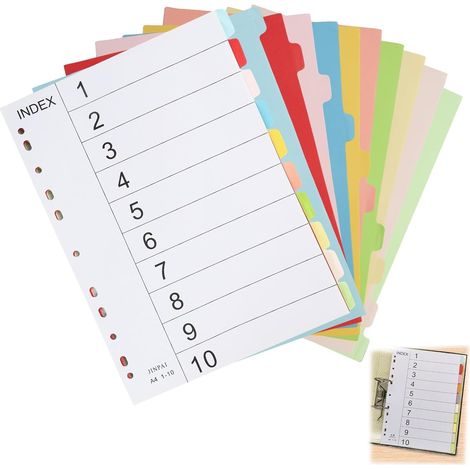 A4 plastic dividers, 10 durable tabs, pastel color, with pre-punched holes, waterproof and tear-resistant, for home, school and professional organization (1/5)