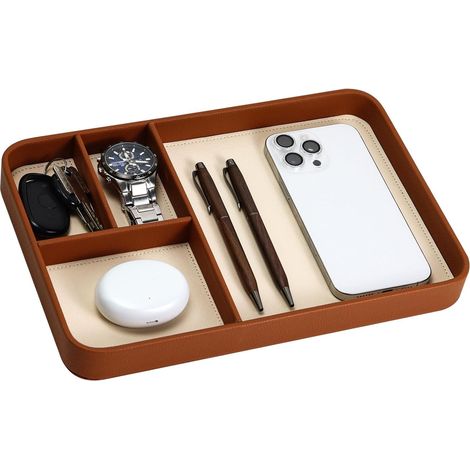 Bandeja moderna de piel sintética para mesilla de noche, ideal para teléfono, llaves, reloj, cartera, joyas, entrada o mesilla de noche. Color marrón. Medidas: 30,2 x 20,2 cm.