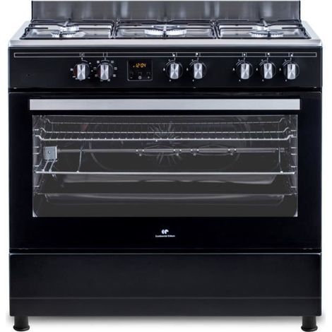 Continental Edison – Cuisinière piano CECP9060BDD – 5 foyers gaz – Four catalyse 95L – Affichage digital – L90 x H85 cm – Noir