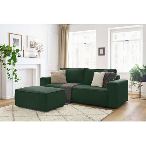 BOBOCHIC - Canapé droit convertible coffre NIHAD velours côtelé avec pouf   Vert foncé (1/5)