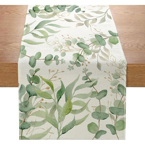 Runner da tavolo in cotone e lino con foglie di eucalipto per cucina, sala da pranzo, decorazione interna o esterna, 30 x 180 cm (1/5)