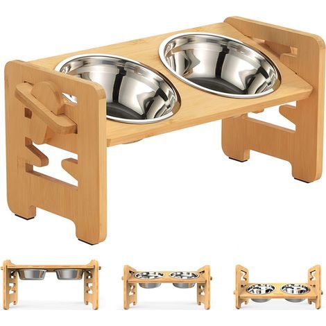 Skecten – Gamelle surélevée pour chien – 6 hauteurs réglables de 5,1 à 17,8 cm – Support en bambou avec 2 bols inoxydables – Pieds antidérapants