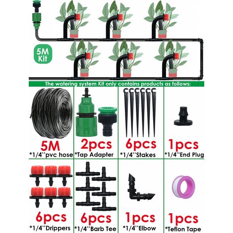 Système d'irrigation goutte à goutte portable de 20 m avec arrosage automatique et goutteurs réglables (5 mètres - 6 goutteurs). Kit d'arrosage par brumisation pour tuyau d'arrosage. (1/4)