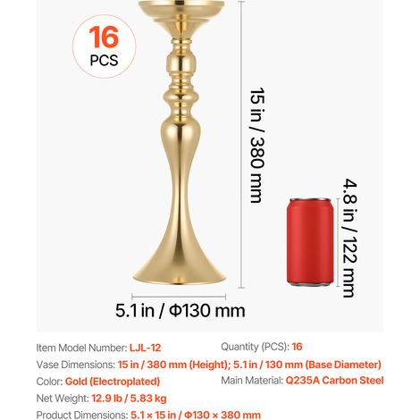 VEVOR 16 PCS Wedding Flower Vase, 15 in Tall Flower Table Centerpieces, Crystal Banquet Vases Easy Installation, Electroplated Versatile Arrangement Stand for Party Events Home Decor Reception, Gold (1/4)