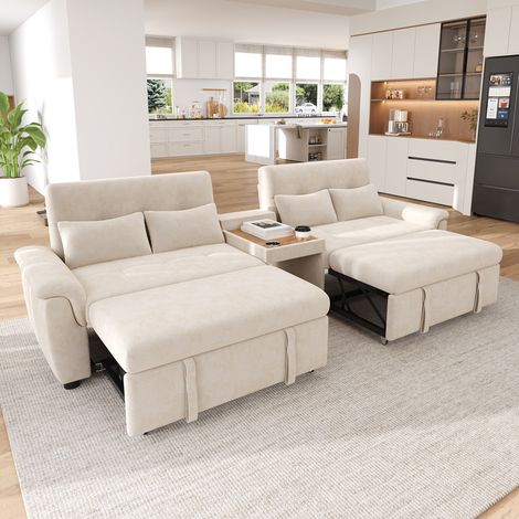 Mobliva Canapé-lit en forme de U, extensible, couchage double, dossier réglable, espace pour animaux, table basse avec 2 porte-gobelets, 4 coussins, chenille, beige, 284 × 138 × 89 cm (1/5)