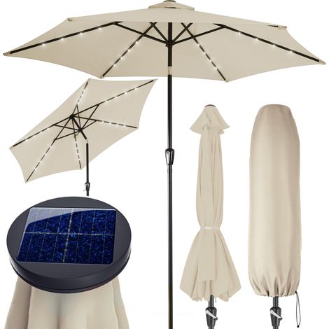 KINGSLEEVE® Miami 2.7m Aluminium Garden Parasol with UV80+ Protection, LED Solar Lighting and Protective Cover  270cm Large Balcony Patio Umbrella  Hexagonal Round Tiltable  Beige (1/2)