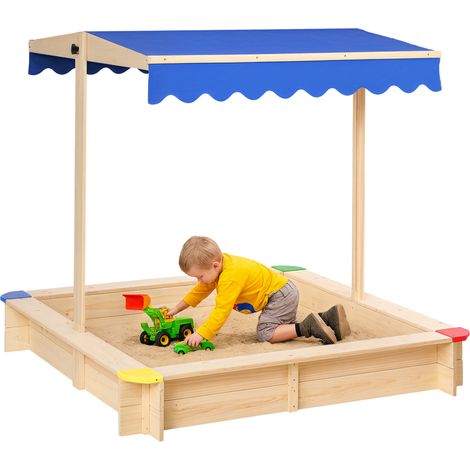 Bac sable bois enfants banc pare-soleil réglable, aire de jeu évolutive avec protection UV