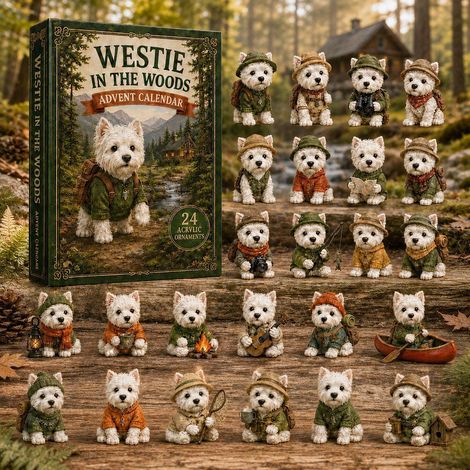 Calendario de Adviento Westie en el Bosque, 24 adornos colgantes de acrílico, caja de regalo navideña