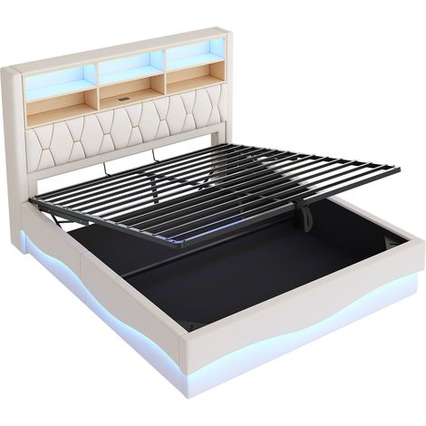 Cama canapé 180x200 cm con LED APP, USB y estructura metálica beige (1/5)