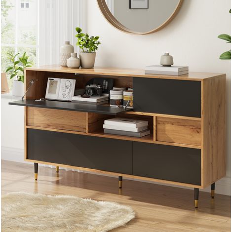 Buffet 2 tiroirs, niche ouverte, 2 abattants et 2 portes, 140 x 40 x 84,5 cm, OKMYHOME (1/5)