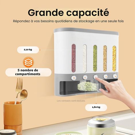 Boîte Rangement Alimentaire 5 Compartiments, Distributeur Céréales Riz Pâtes, Contenant Hermétique avec Doseur, Mural et Plan de Travail (1/5)