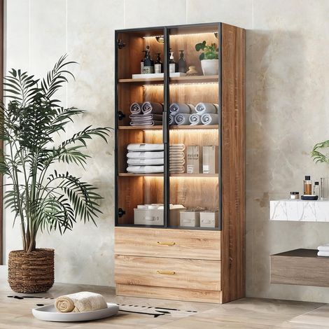 Meuble de salle de bain haut avec éclairage 75 cm 2 portes en MDF (1/5)