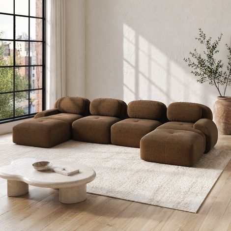 Divano modulare angolare Brown in tessuto corduroy, senza montaggio, design ergonomico e confortevole,388x178x75 cm (1/5)