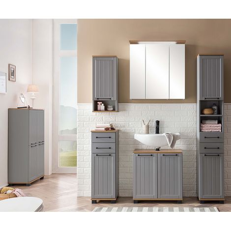 Badezimmer Set im Landhaus-Stil, grau mit Eiche Nb., 6-teilig, JAUSA-80 (1/5)