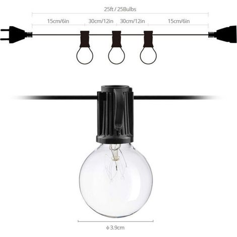 Guirlande Lumineuse Exterieur, 7.62M Guirlande Guinguette Extérieur et Intérieur avec G40 25 Ampoules + 2 Rechange, IP65 Guirlande Raccordable pour Mariage, Jardin, Balcons, Fête, Terrasse (1/4)
