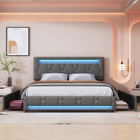 Lit Coffre Capitonné en Lin Gris 160×200 cm avec 4 Tiroirs de Rangement, LED, Sommier à Lattes, Tête de lit réglable, 2 Personnes (1/5)