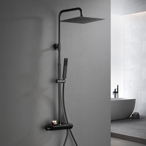 Görbach Colonna Doccia Acciaio Inox con Miscelatore, Colonna Doccia Rubinetto con Asta Doccia Regolabili e Termostatico, Set Doccia a Pioggia con Soffione 30×30 cm Nero (1/5)
