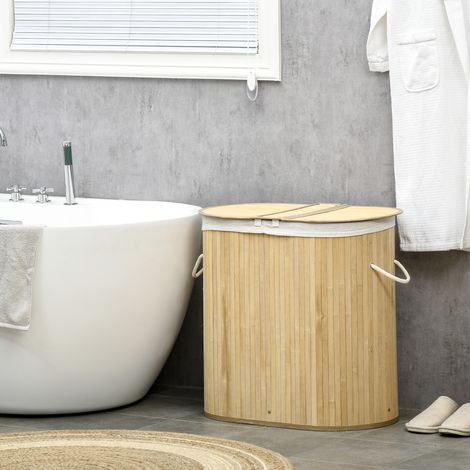 Wäschekorb aus Bambus, 100 l, 2 Fächer, herausnehmbarer und waschbarer Innenbeutel, 62,5 x 37 x 60,5 cm, Natur