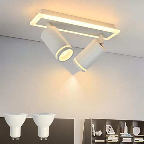 Plafonnier LED 2 Spots,Moderne Éclairage luminaire avec lueur inférieure 7W+2x5W GU10 Ampoules,Blanc Chaud 3000K Plafonnier Intérieur pour Cuisine Salon, Blanc (1/5)