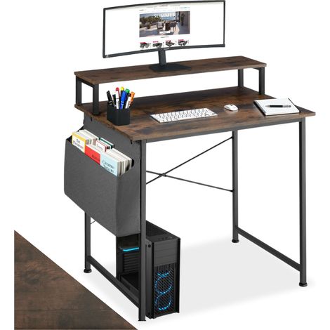 Bureau Style industriel Support écran et sac de rangement bois foncé (1/5)