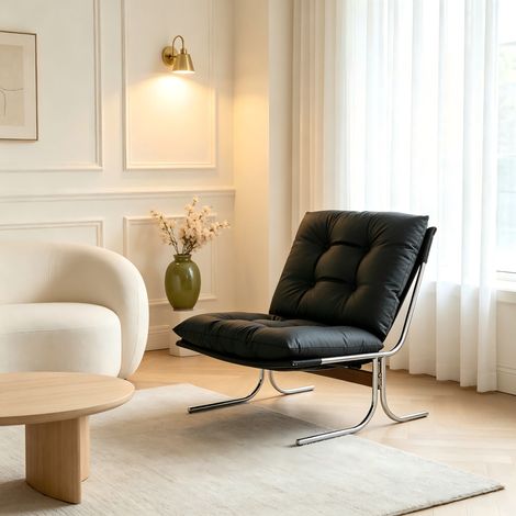 Fauteuil d'accent confortable en simili cuir, housse amovible, pieds métalliques, style Barcelone, fauteuil détente pour salon, balcon et chambre, couleur noire (1/5)