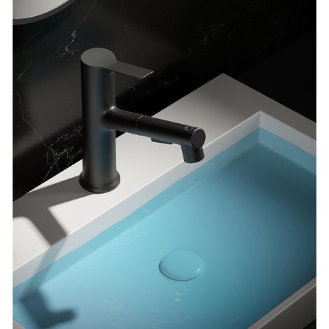 Grifo de lavabo con rociador extraíble (negro), grifo de un solo orificio, tres modos de flujo de agua con caño giratorio, caño multifunción para lavabo de baño. (1/5)