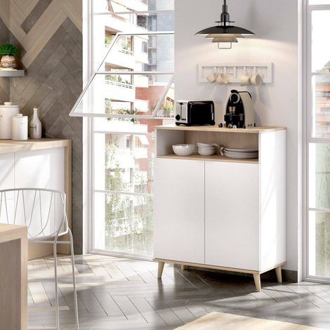 Dmora - Buffet Varatella, Buffet de garde-manger de salon, Buffet de salon moderne avec 2 portes, 80x40h102 cm, Blanc et Chêne, avec emballage renforcé (1/5)