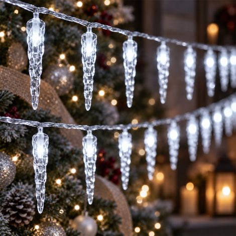 Jiubiaz Guirlande lumineuse stalactite 80 LED, longueur totale 15 m, 8 modes lumineux, 31 V, blanc froid, déco de fenêtre pour Noël (1/5)