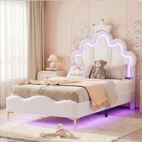 Lit enfant 90x200 cm,Lit fille avec LED,Lit de princesse en forme de couronne,lit simple avec sommier à lattes,PU,Blanc