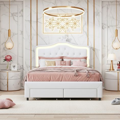 Letto Singolo per Bambini 140x200 cm con LED e Cassetto, Letto Imbottito in Similpelle con Testiera a Corona, Stile Principessa Moderno, Bianco