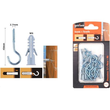 Kaela - Set 12 Pezzi Viti Vite A Gancio 2.7x40mm + Tasselli Con Alette Tassello M6 90736 - (1/2)