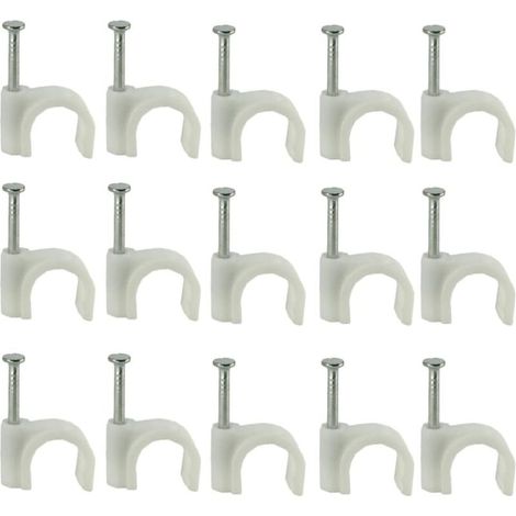 QAZQA Clips de Câble Colliers de Serrage Câble 6 mm, Câble Rond Clips Gestion de Câbles avec Clou, Accroche Cable Mur Attaches Câblesen Acier pour Organiseur Electrique Fil -Blanc 100 Pièces
