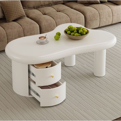 Couchtisch 97 x 64 x 42 cm Weiß, unregelmäßige Form, 2 Schubladen, MDF MEUBLIV (1/5)