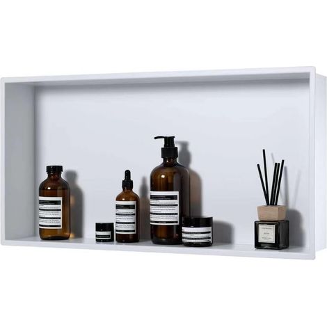 Niche de douche en acier inoxydable, pas de carrelage nécessaire, niche murale encastrée 60 x 30 x 10 cm, niche de douche simple étagère de rangement pour salle de bain, blanc (1/5)