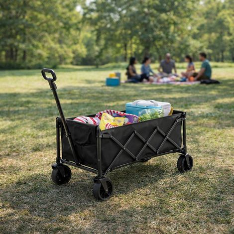 Chariot pliant de plage noir 70 L en acier, roues amovibles, charge 60 kg, poignée à rappel automatique