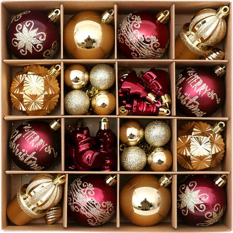 Juego de 42 adornos navideños de color burdeos y dorado, bolas colgantes de plástico para árboles de Navidad. (1/4)