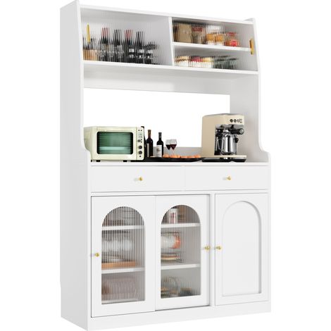 Buffet, armoire haute, vitrine, buffet avec étagères réglables, meuble de salle à manger avec 2 tiroirs, bahut avec éclairage LED, couleurs de lumière variables, blanc (1/5)